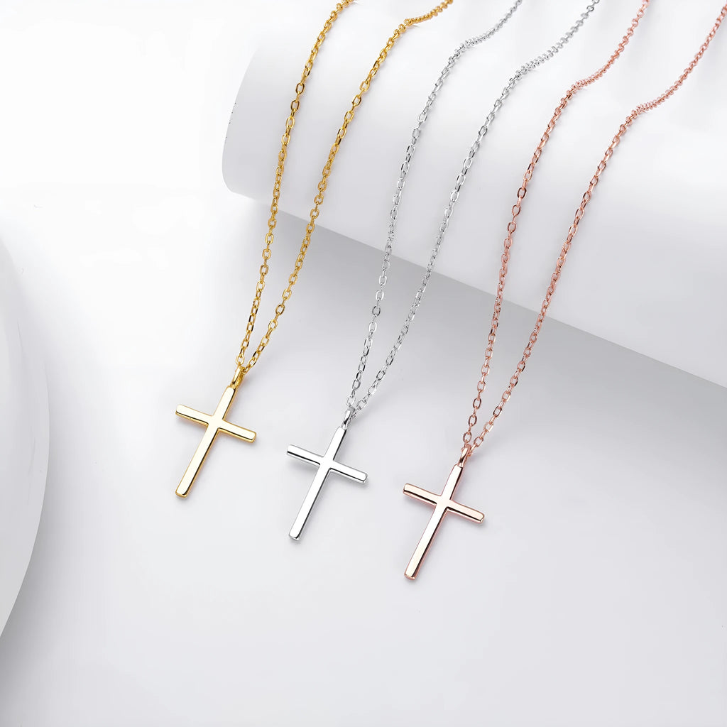 S925 sterling silver necklace with glossy cross pendant on adjustable O-shaped clavicle chain