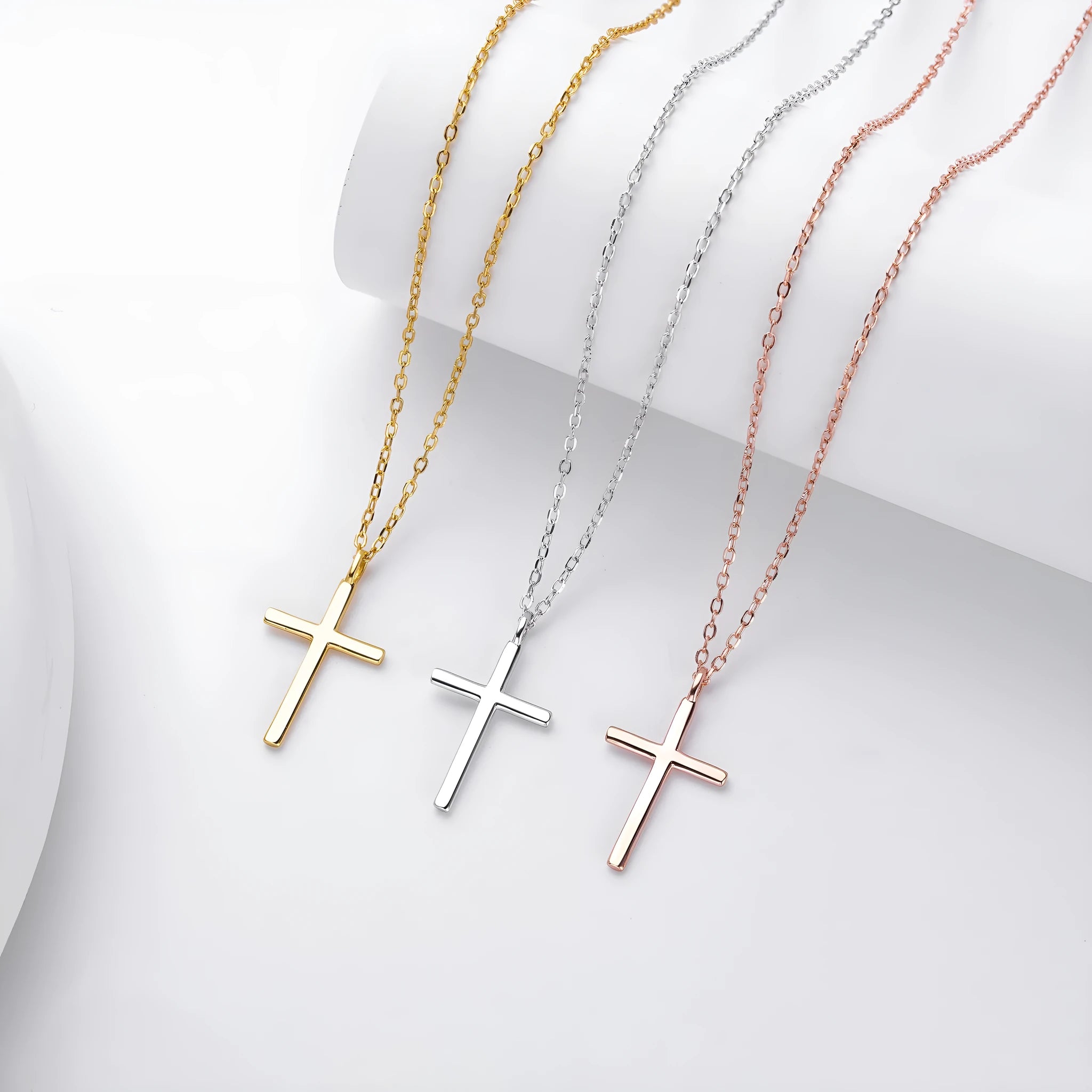 S925 sterling silver necklace with glossy cross pendant on adjustable O-shaped clavicle chain