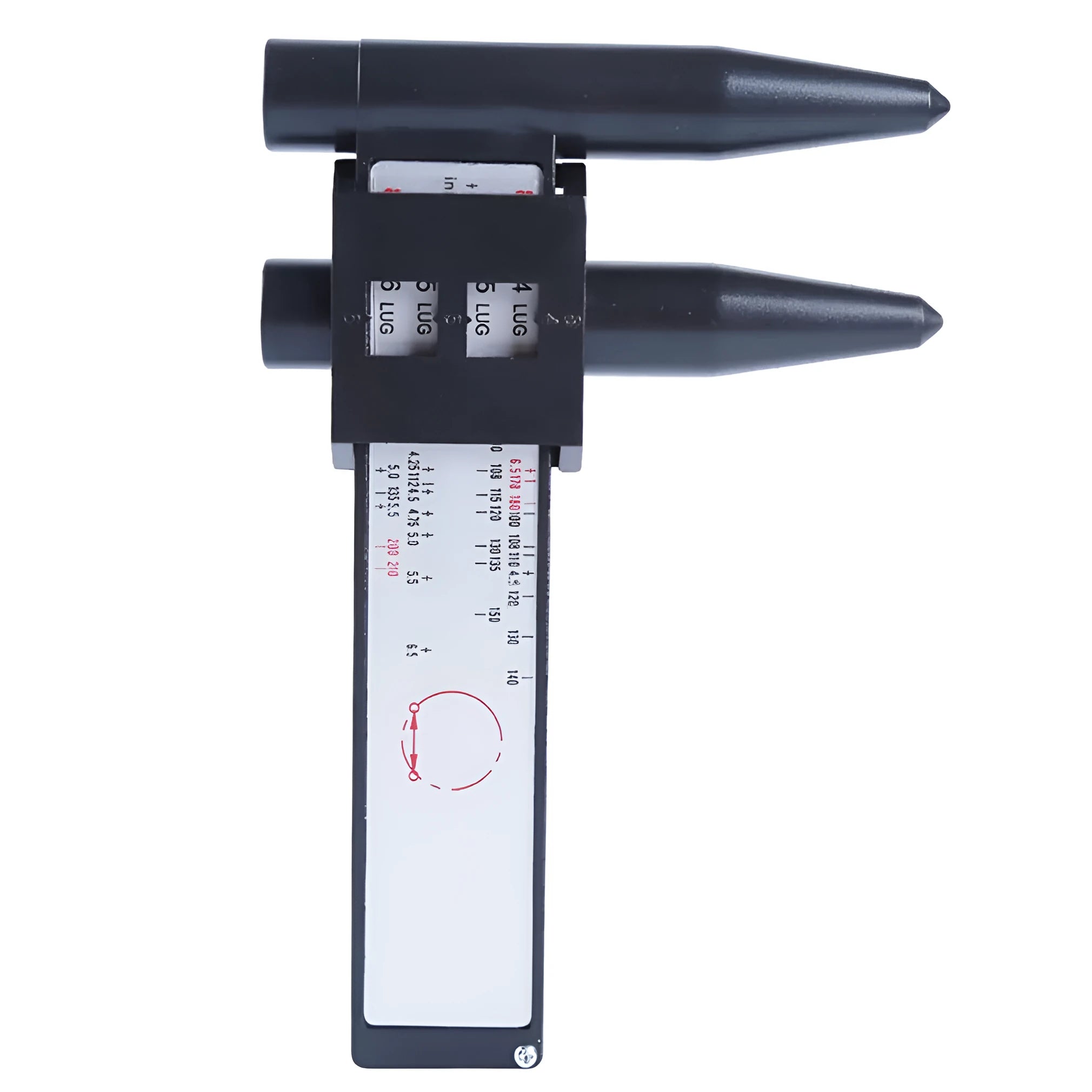 Plastic electronic digital caliper hole distance ruler on a white background.