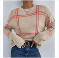 Women's plaid colour-block crew neck acrylic pullover sweater in loose fit