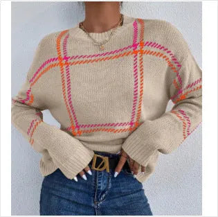 Women's plaid colour-block crew neck acrylic pullover sweater in loose fit