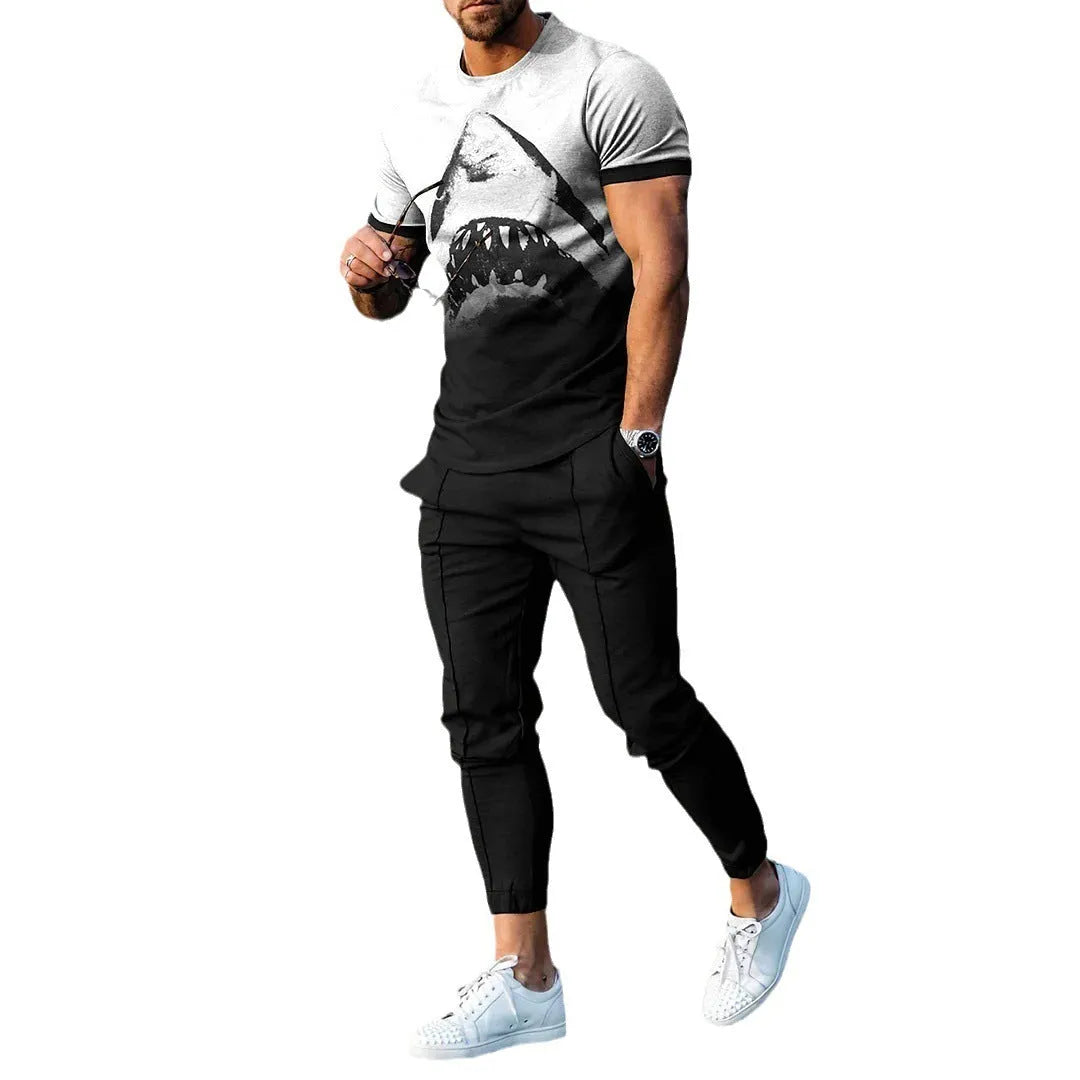 Men's thin short-sleeve printed pullover and matching trousers tracksuit set on a hanger.