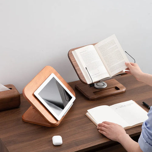 Natural walnut coloured solid wood reading rack with adjustable stand and tablet slot