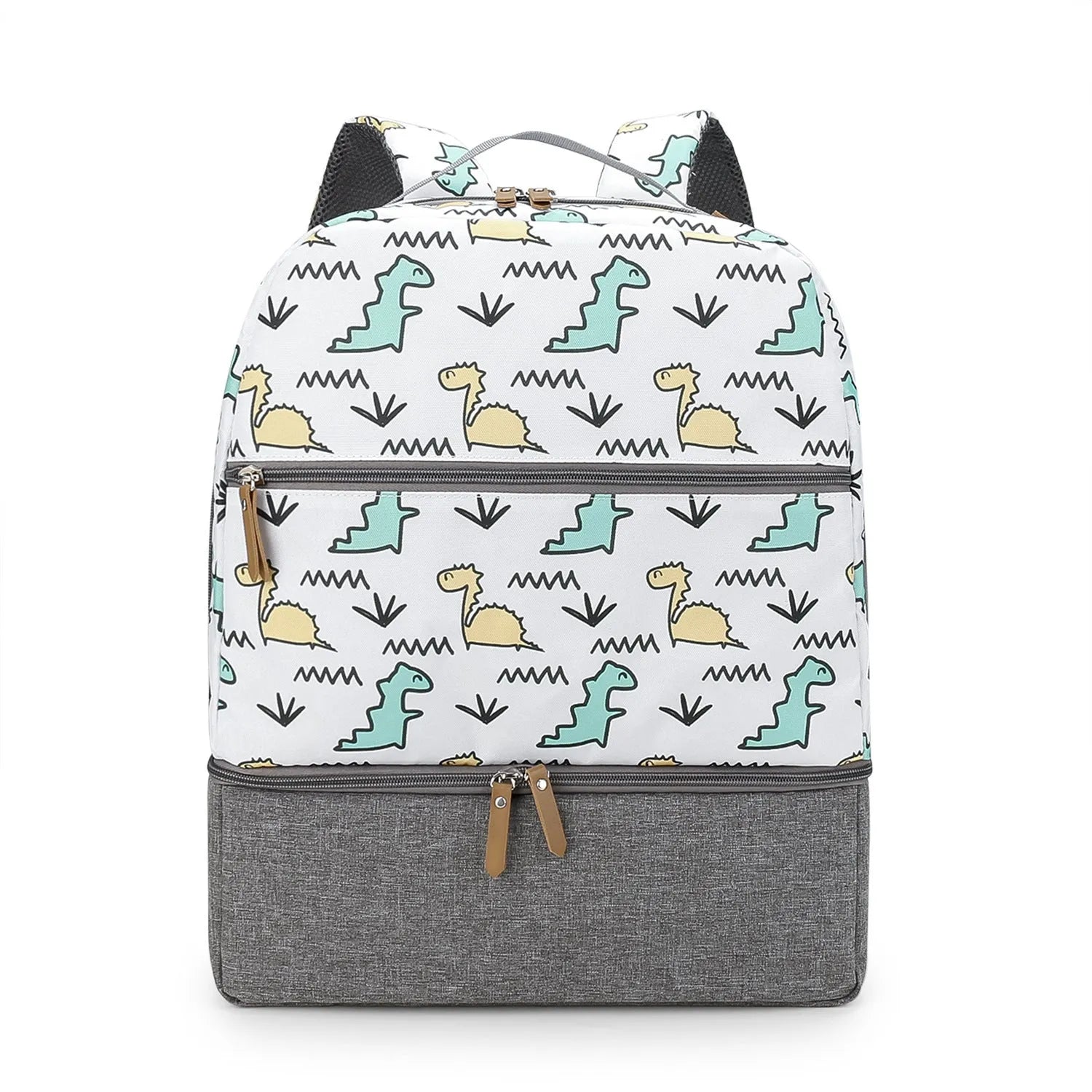 Grey insulated baby carrier backpack with curved shoulder straps and multiple compartments for mother and child travel