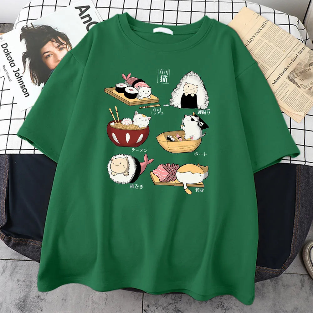 Mens black cotton t-shirt with a cartoon print of a cat dressed as sushi on a loose fit short sleeve.
