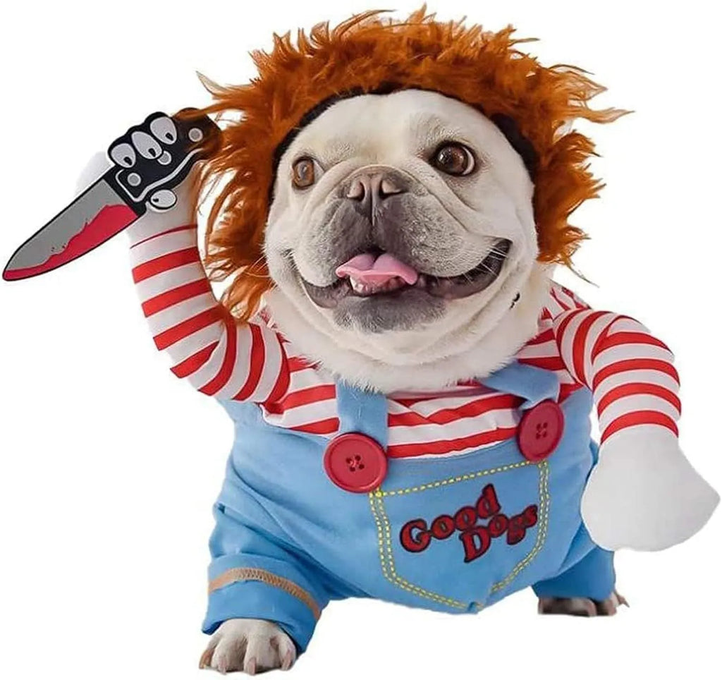 Striped Halloween harness pants costume set for dogs and cats with knife accessory