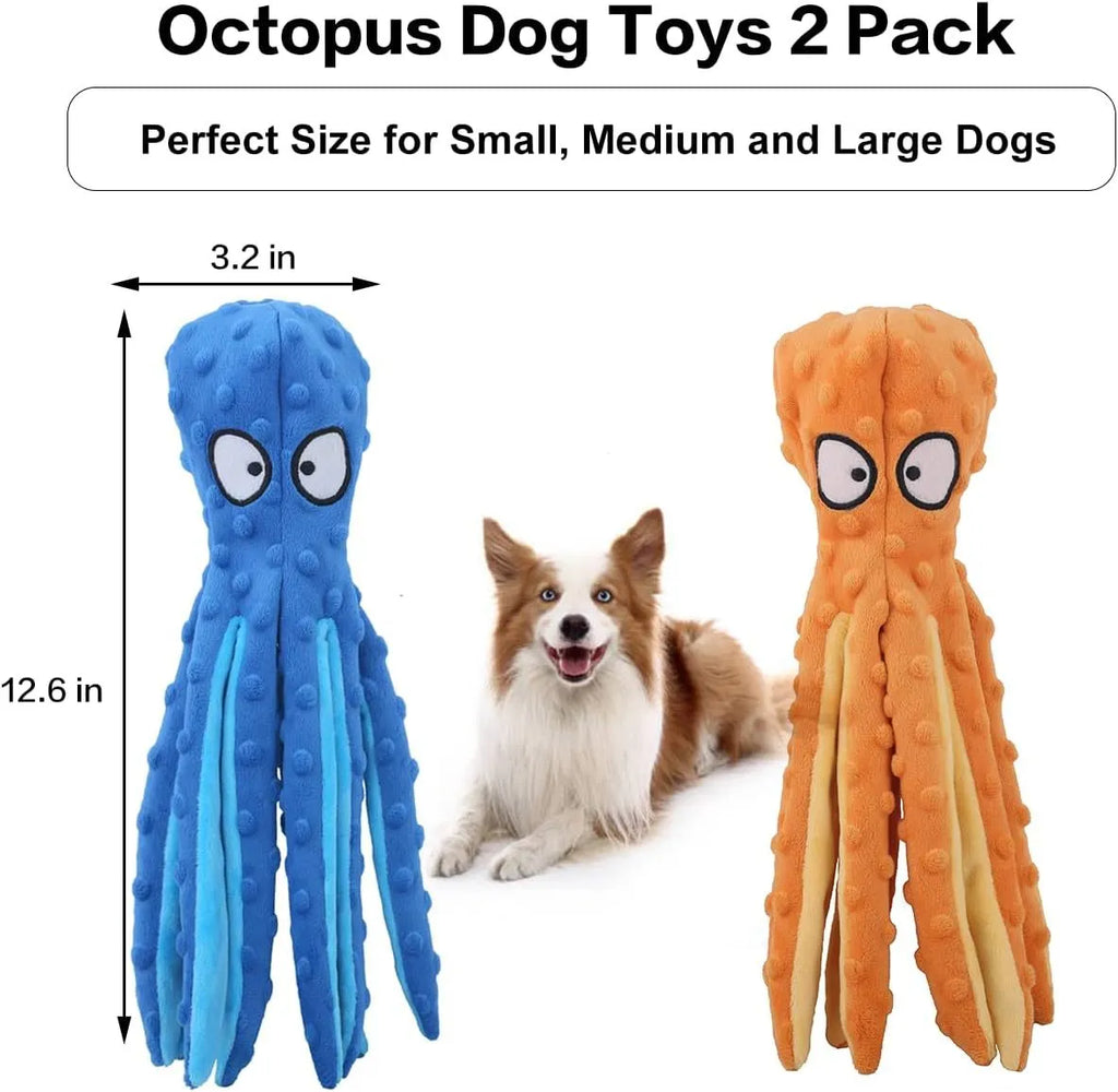 Blue unfilled octopus plush dog toy with crinkle and squeaker, shown next to a tape measure indicating its 32cm length.