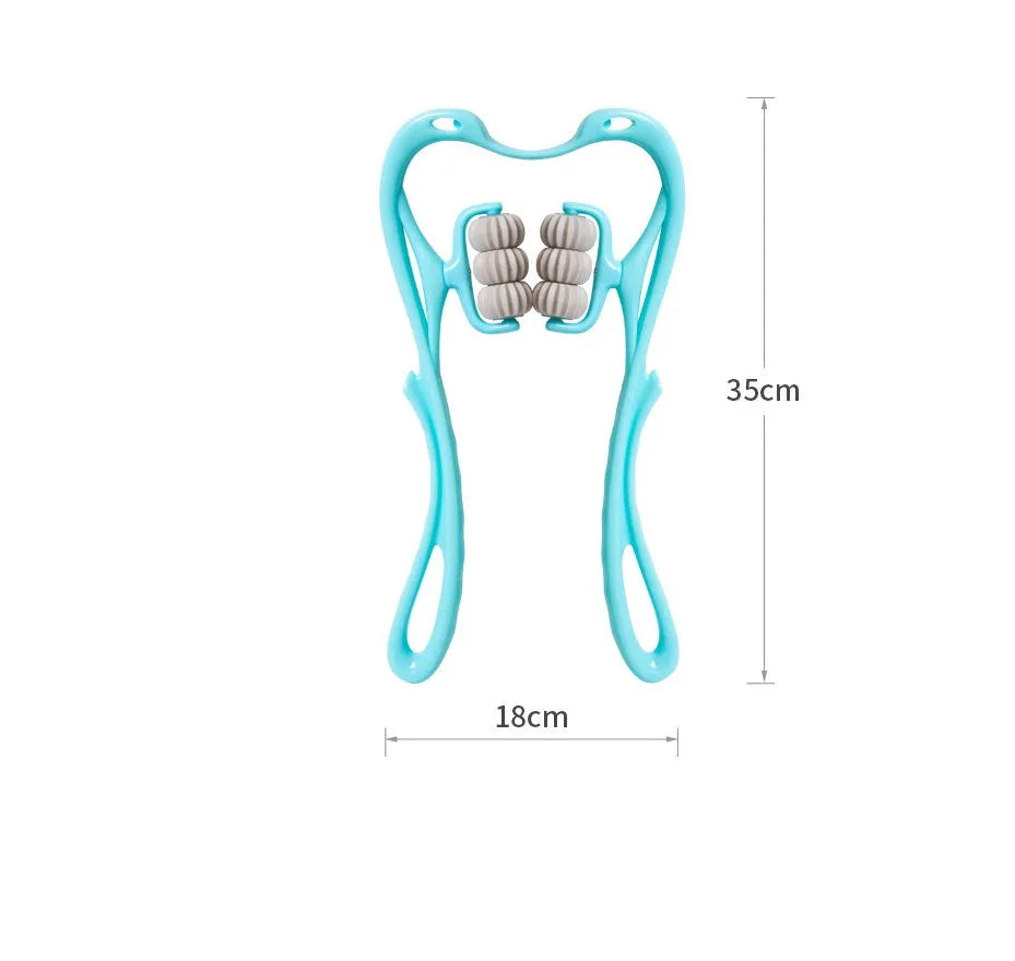 Pink or blue six-roller manual neck massager with jade scraping board, approx 35cm x 18cm