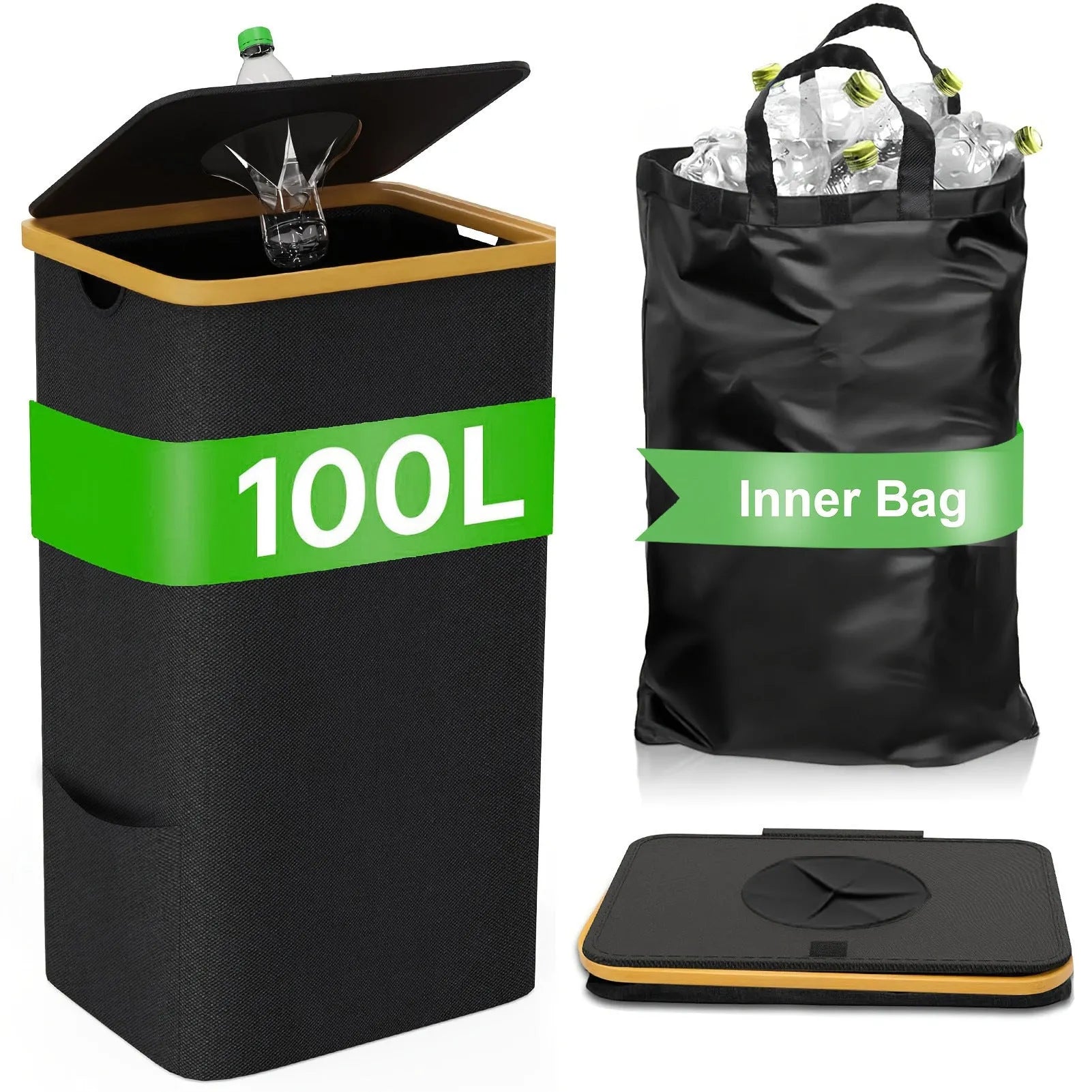 Black bamboo storage basket with removable lid, handle, and visible double inner pockets.