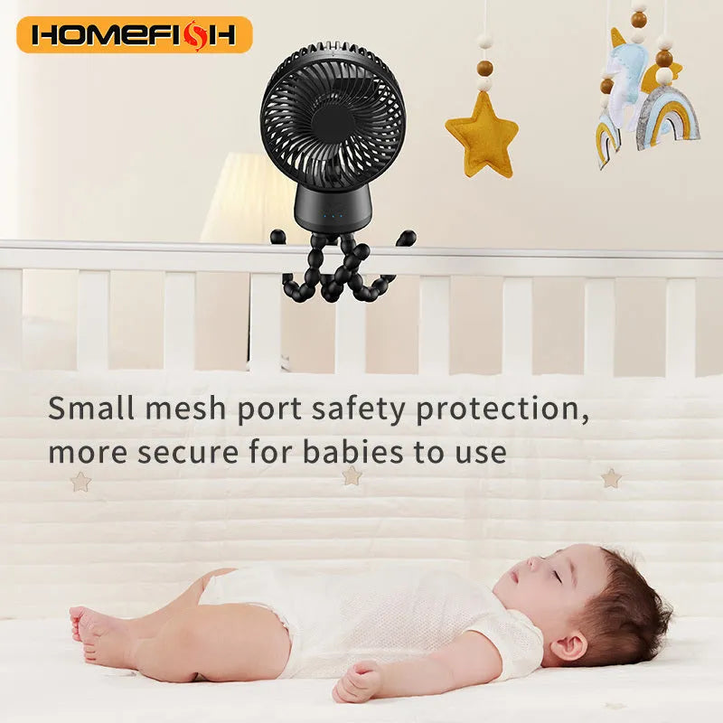 HOMEFISH F2 automatic shaking head portable fan with LED light on a removable bracket.