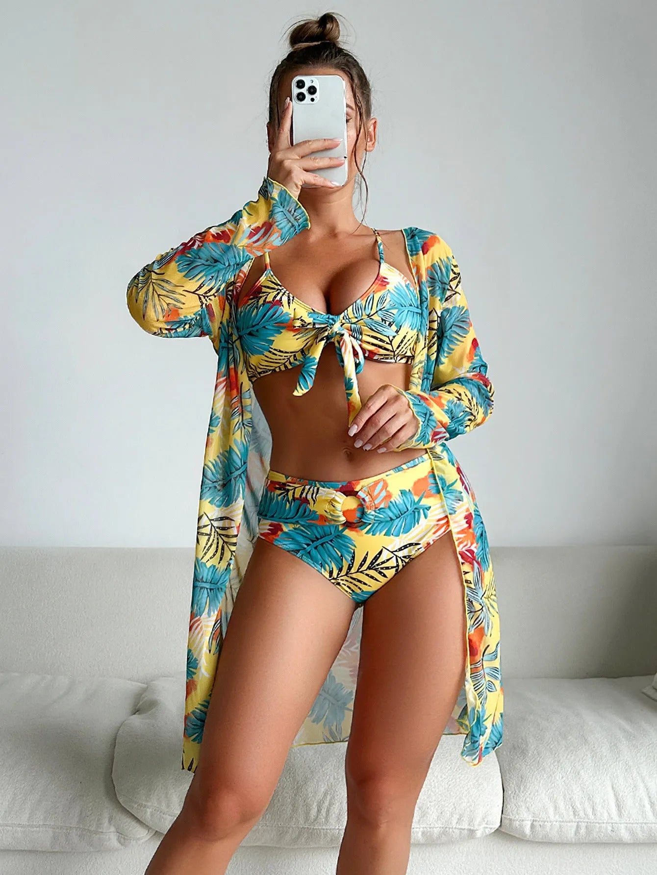 Three-piece printed polyester women's bikini swimsuit set in pattern 2, tight fit, high elasticity, sizes S to XL