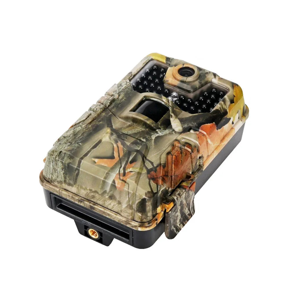Camouflage trail camera with infrared LEDs, showing compact size for outdoor wildlife monitoring and security.