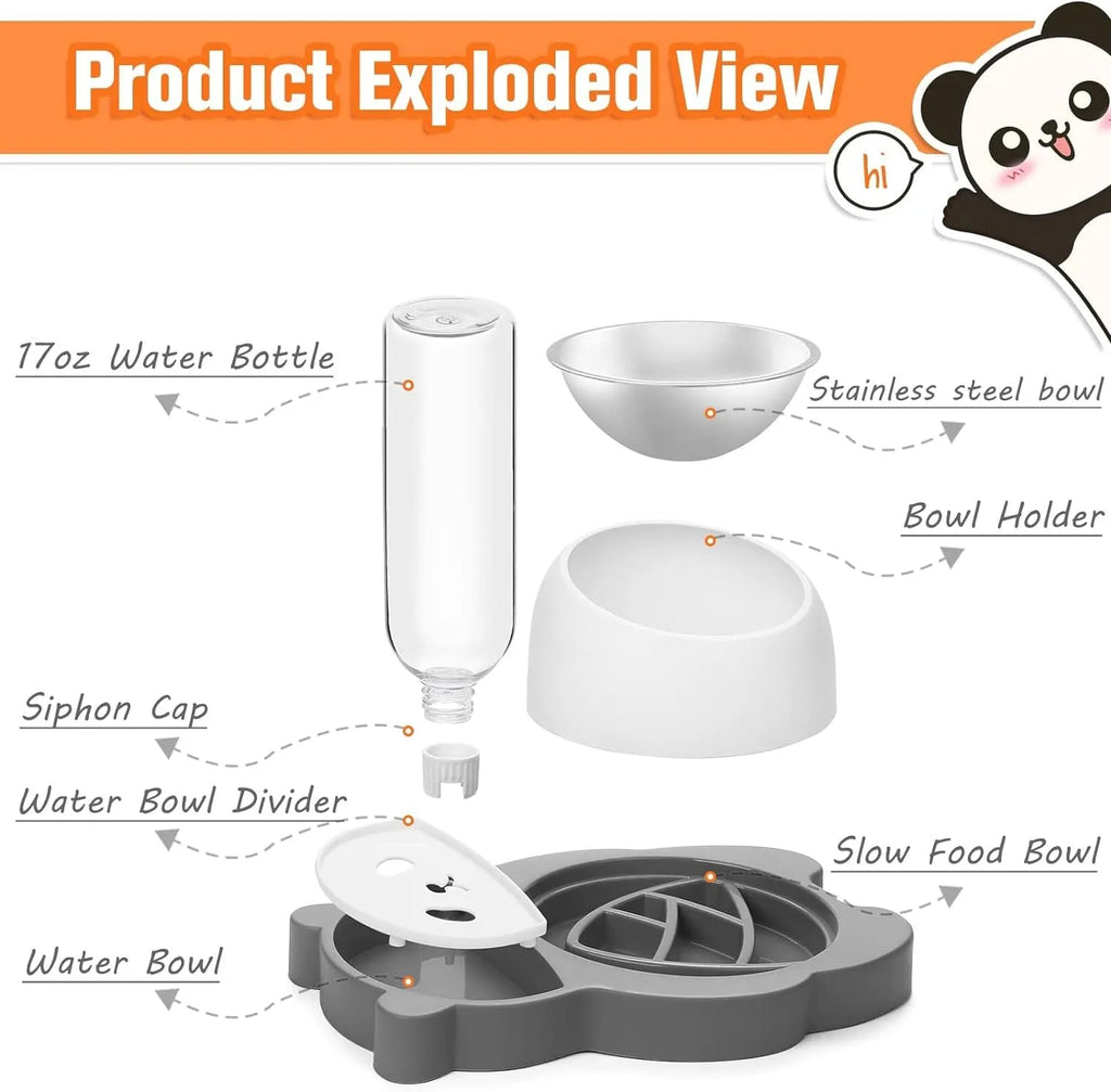 Grey panda-shaped tilted pet bowl set with stainless steel food bowl and automatic water dispenser bottle