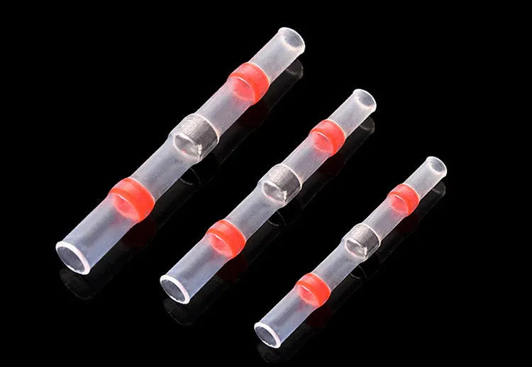 Red transparent heat shrink solder ring butt joint connector on white background, 20 pack for wire diameters 0.5-1.5mm²