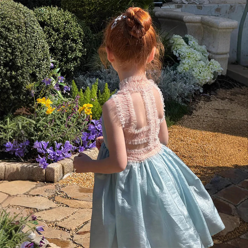 Girls backless sleeveless dress light blue suspender style cotton lined 90-140cm children summer wear