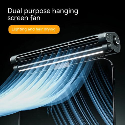 Black bladeless USB fan clipped onto a laptop screen, with an integrated lighting lamp.