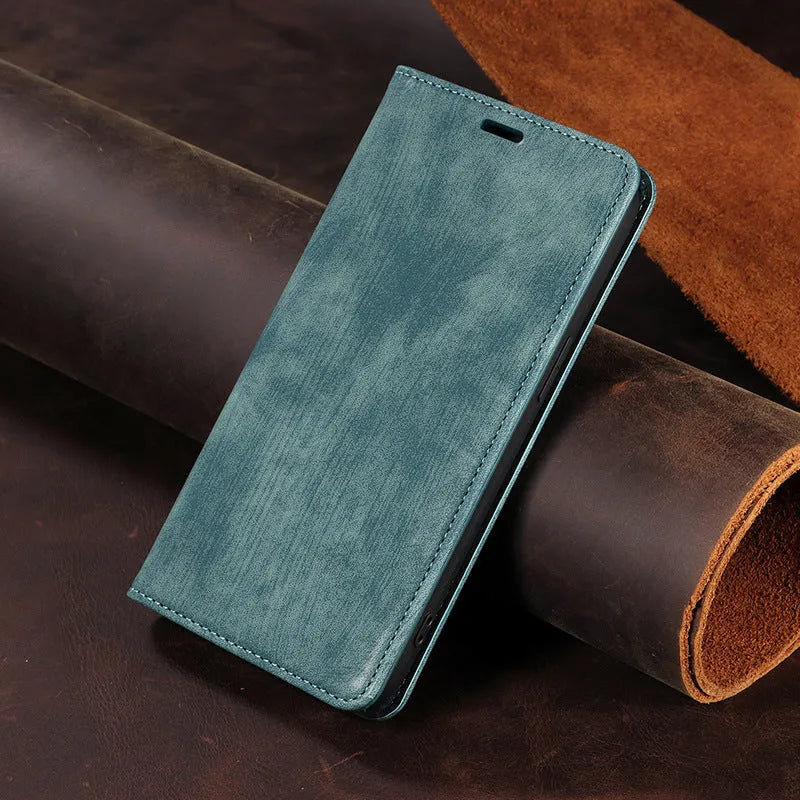 Magnetic flip phone case in grey showing interior card slots, compatible with various iPhone models.