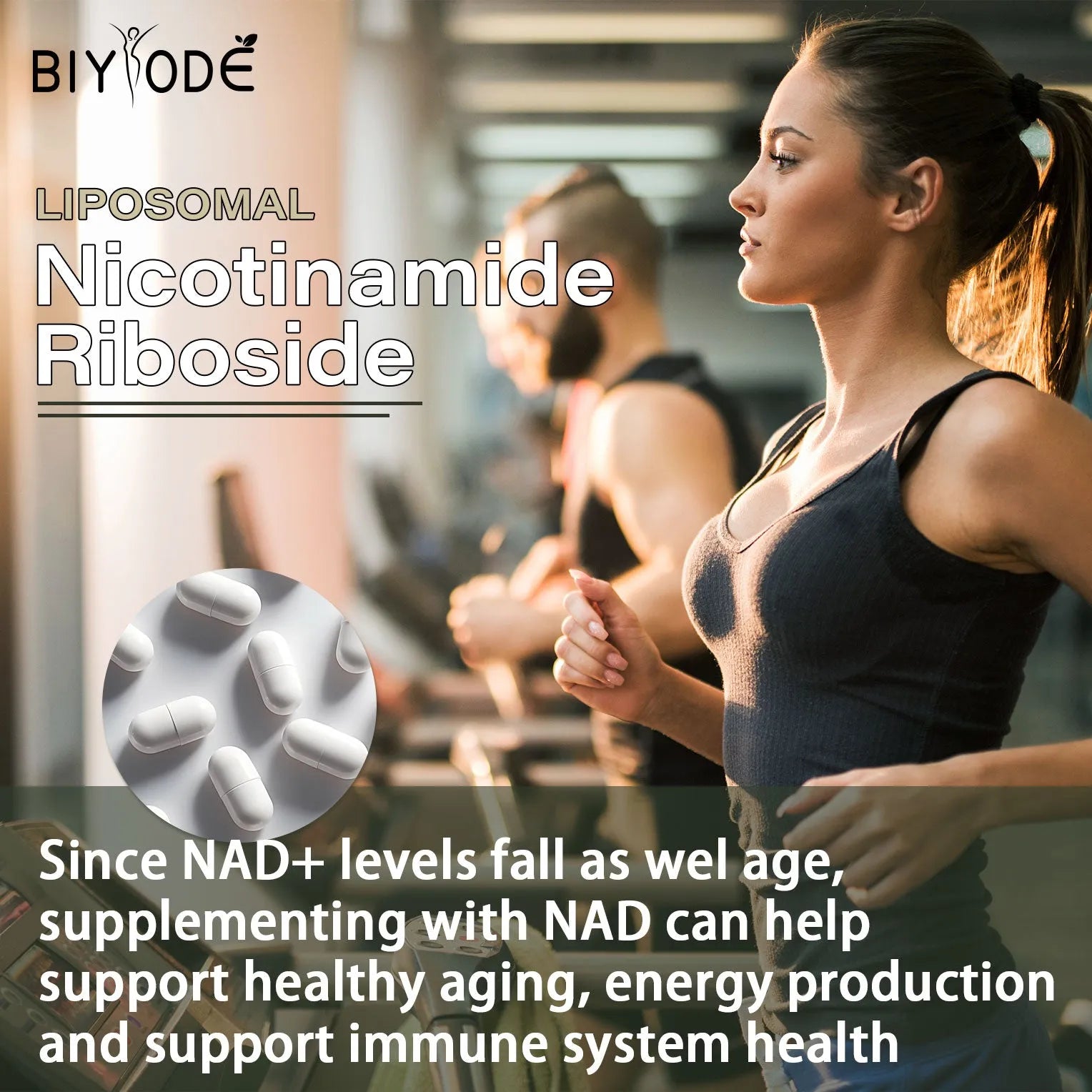 Bottle of 80 nicotinamide riboside NAD supplement capsules for adult immunity and anti-aging support