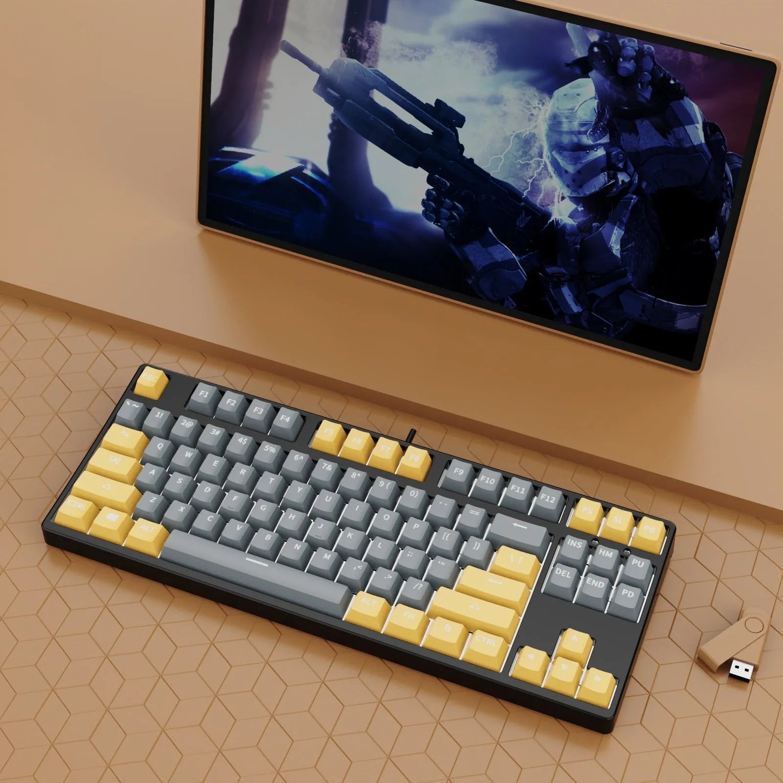 87-key wired mechanical keyboard with two-tone keycaps, shown with switch puller and cleaning brush