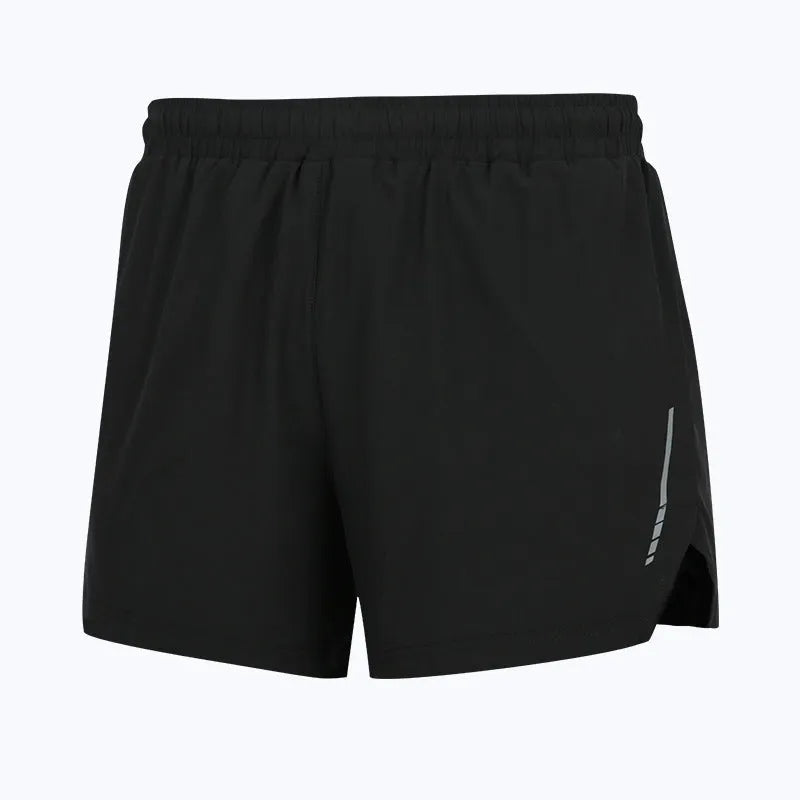 Men's grey quick-dry polyester running shorts on a size chart showing XS to 3XL.