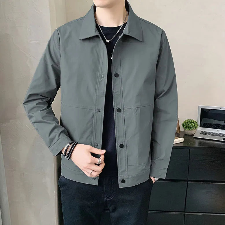 Men's Korean style thin single-layer jacket in light grey, shown front-on.