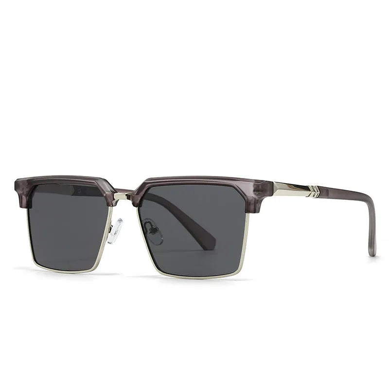 Men's square box-style sunglasses with plastic frames, shown in multiple colour options including black, tea, green, and blue.