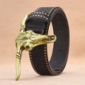 Men's cowhide faux leather belt with embossed rivets and alloy buckle in brown finish