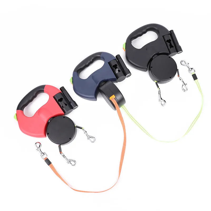 Dual retractable dog leash for small dogs with flashlight, poop bag slot, and 3-metre reflective rope.