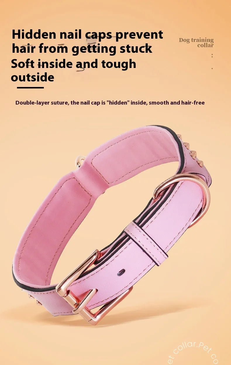 A brown leather dog collar with a row of shiny brass anti-bite rivets and a metal D-ring.