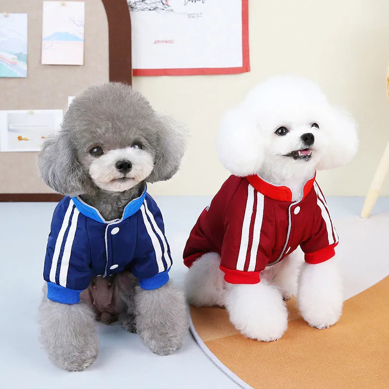Thick warm pet dog cotton coat with V-shaped splicing, shown in red and blue, sizes XS to 3L