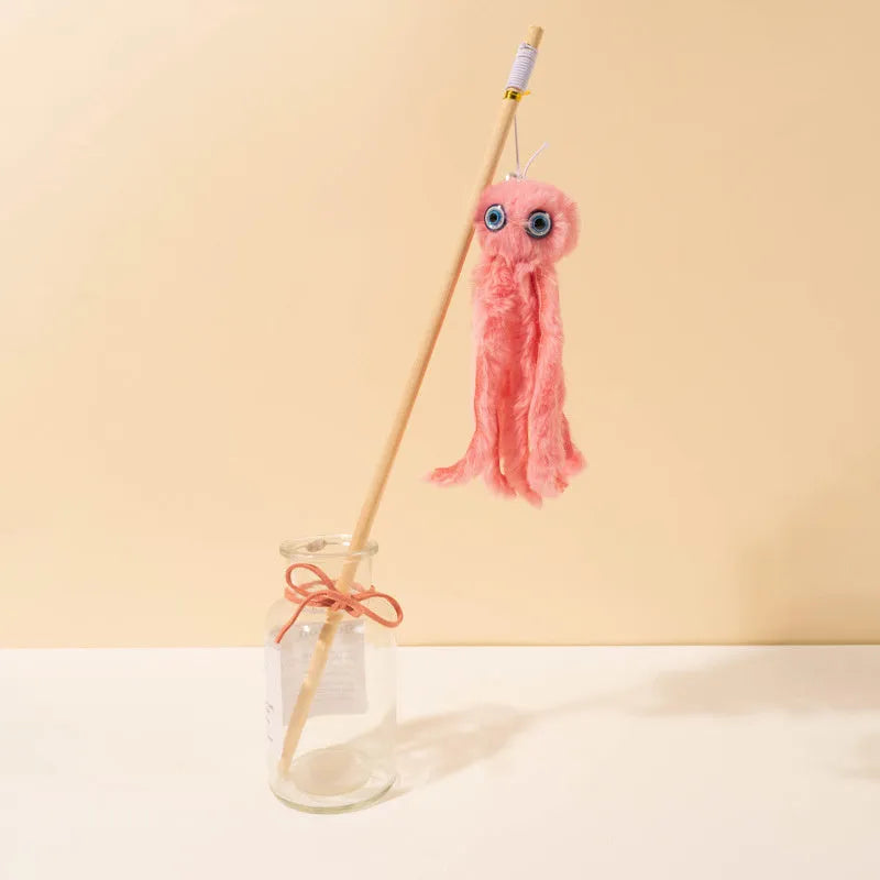 Octopus-themed cat toy with long stick handle in grey, pink, purple, or red colour options