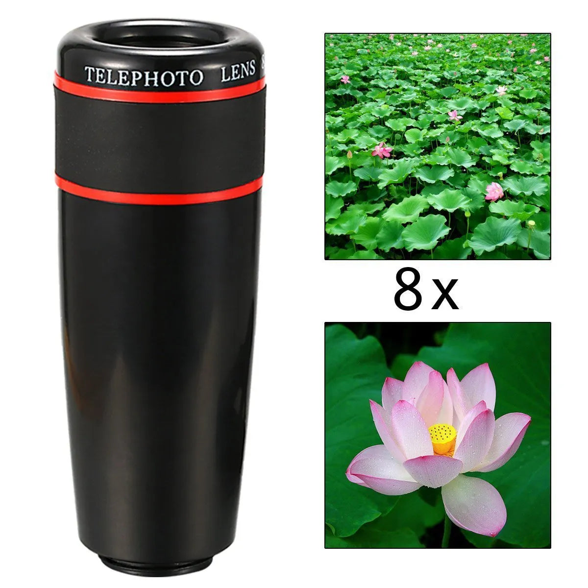 Universal 3-in-1 telephoto lens kit with 8x magnification, fisheye wide-angle macro set, and Bluetooth self-timer for mobile phones