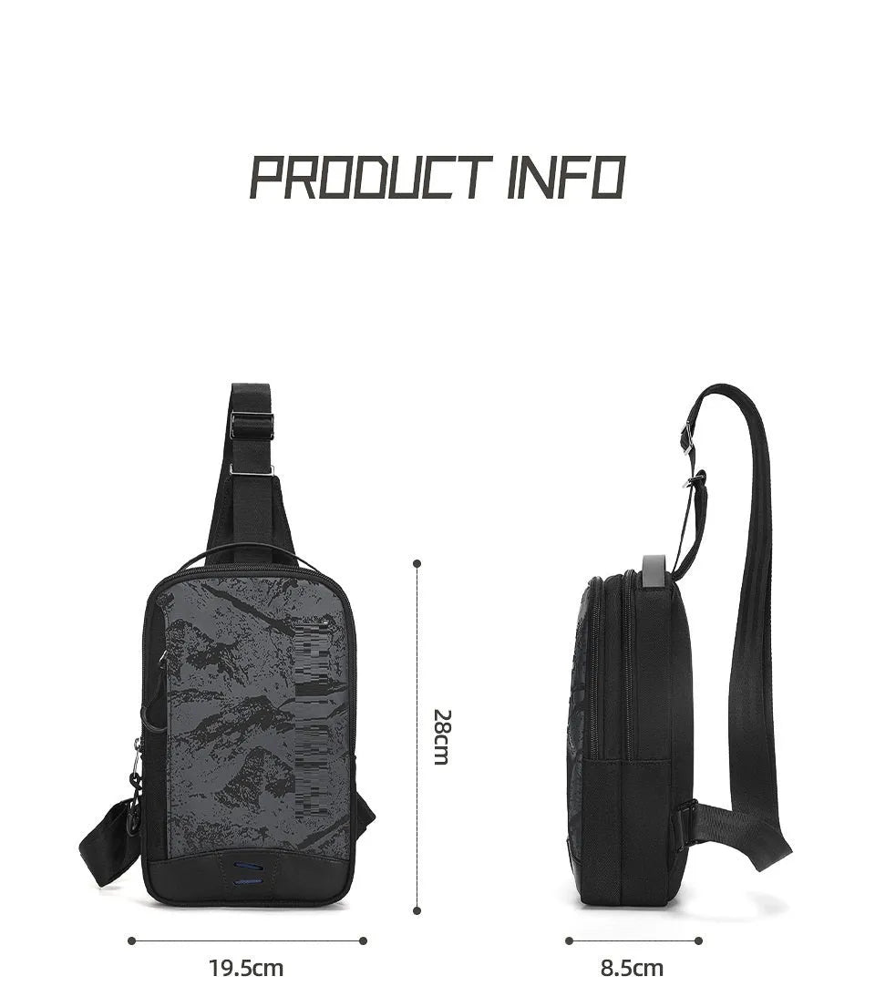 Casual black camouflage chest pack with a soft handle and single strap, showing internal phone pocket.