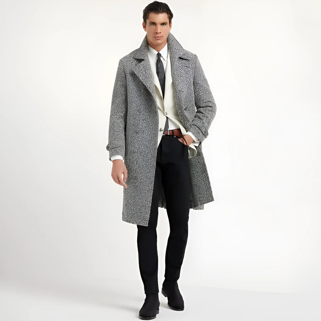 Men's mid-length double-breasted tweed overcoat in light gray woolen fabric with suit collar