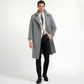 Men's mid-length double-breasted tweed overcoat in light gray woolen fabric with suit collar