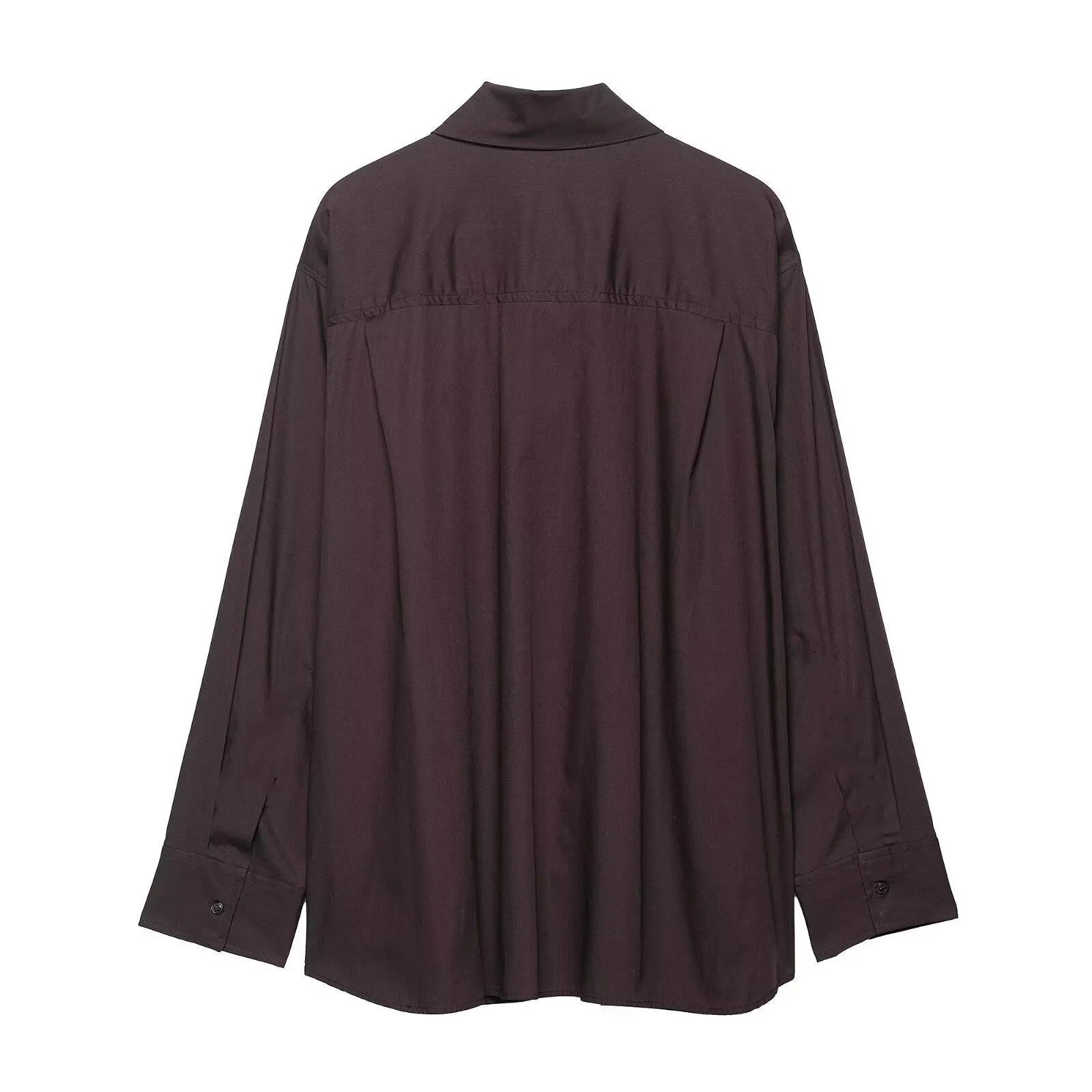 Brown women's poplin shirt with bow tie scarf detail and long sleeves