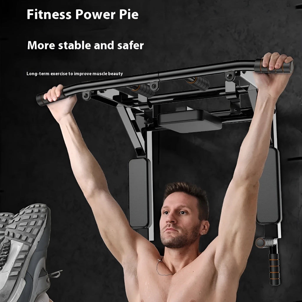 Black wall-mounted fitness equipment with sandbag rack and parallel pull-up bars