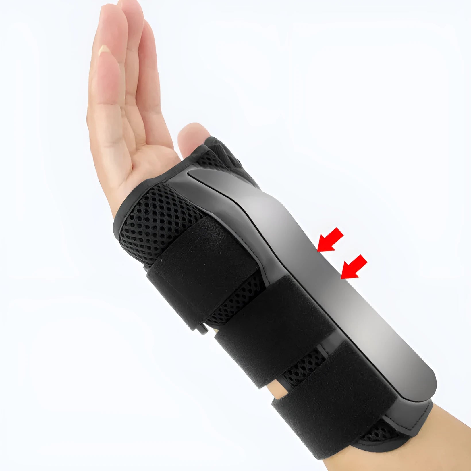 Black carbon fibre wrist guard with thumb strap and grey edging, shown for left and right hand.