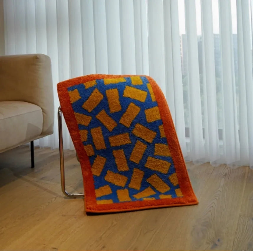 Tufted square carpet in dopamine colour matching, blue and white, 50x80cm size on floor
