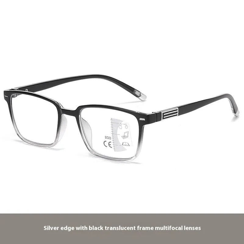 Multifocal anti-blue light reading glasses with colour-changing lenses in a black and silver frame style.