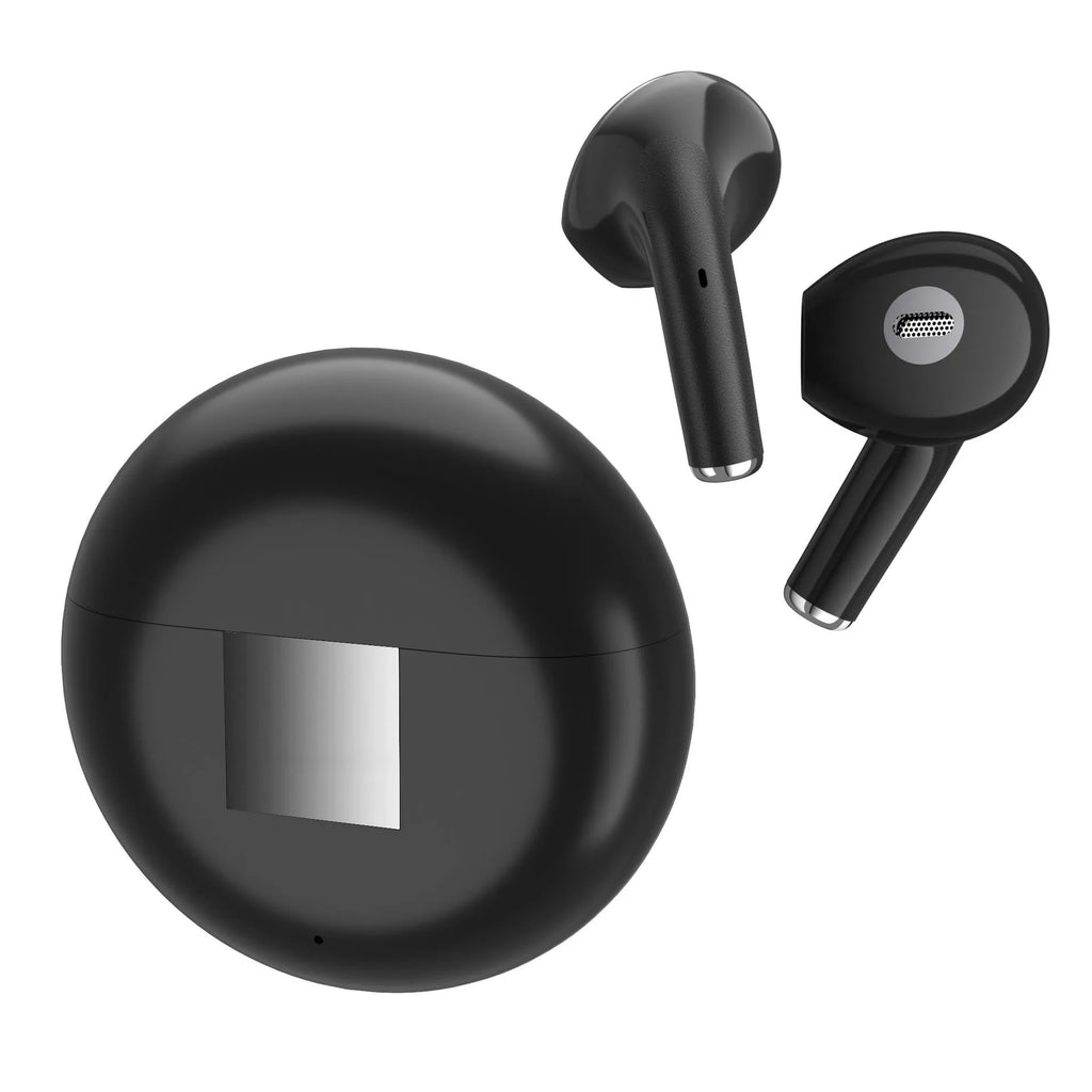 White Wireless Budz5 Bluetooth earbuds placed inside their matching charging case on a table.