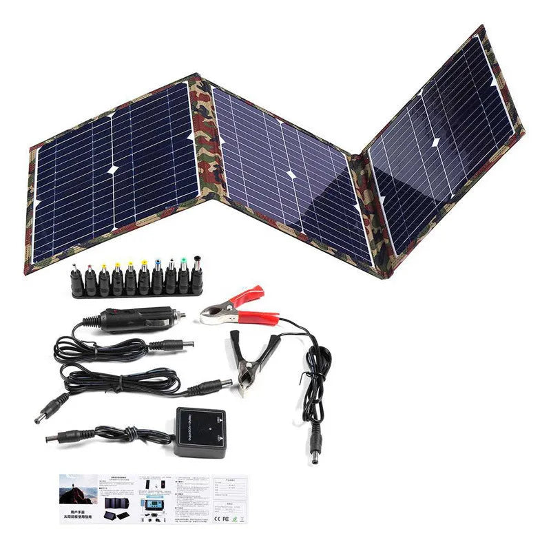 Black foldable portable 36W solar panel with USB ports and included car charger accessories