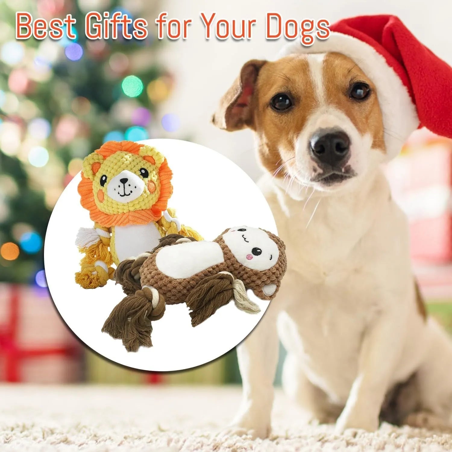 Two stuffed squeaky dog toys: a yellow lion and a brown monkey plush toy on a white background.