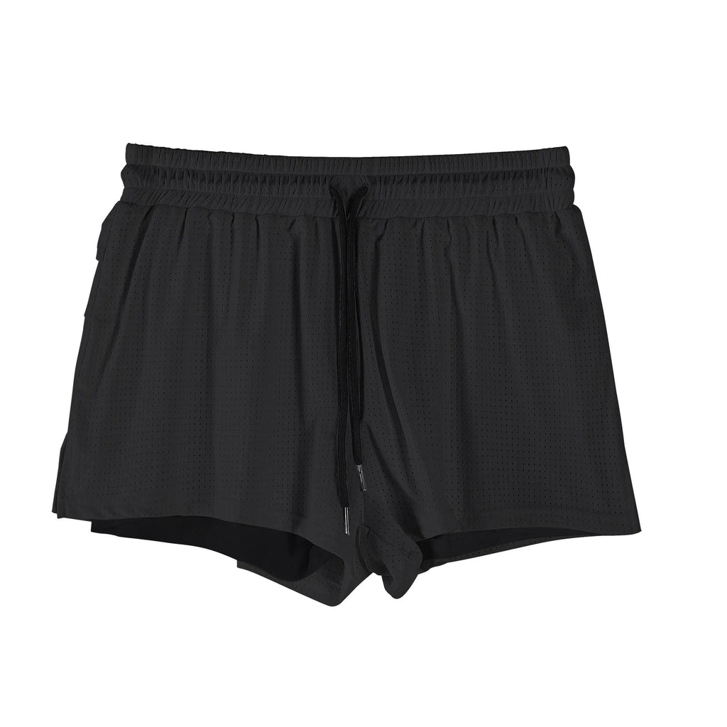 Men's black quick-drying nylon summer shorts with a mid waist and short length on a white background.