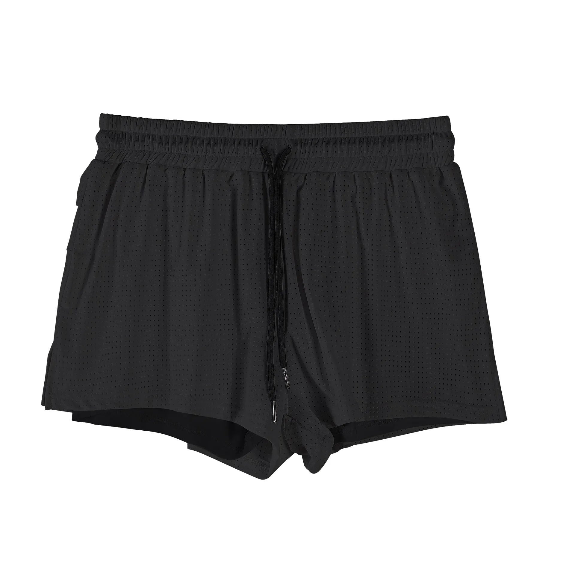Men's black quick-drying nylon summer shorts with a mid waist and short length on a white background.