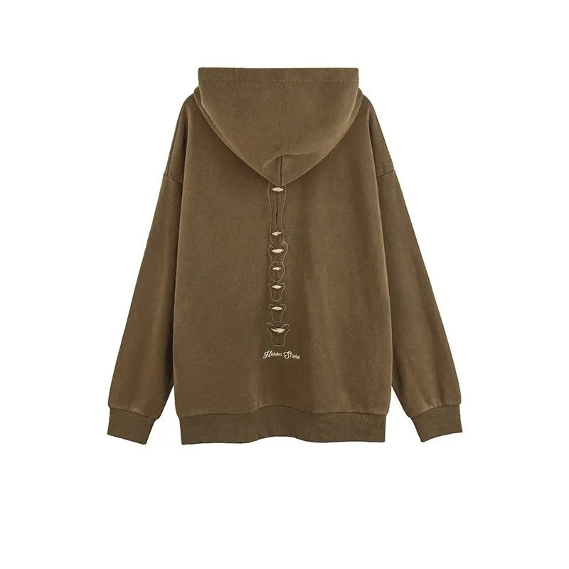 Men's loose pullover hoodie with skull print in Antique Brown, front view, cotton fabric