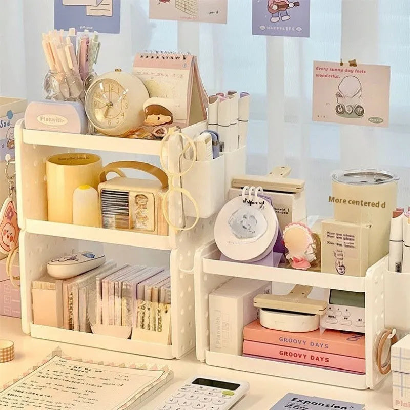 Beige plastic desktop storage rack with wire-wrap shelf, pen containers and hooks, 2-layer or 3-layer desk organiser