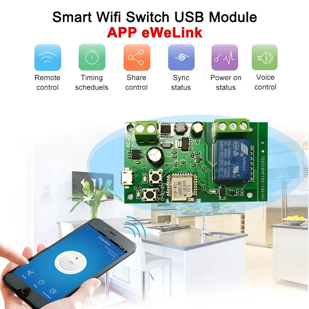 SMG-WF01-7-32V 1 way self-locking interlock relay module with USB and WiFi connectivity