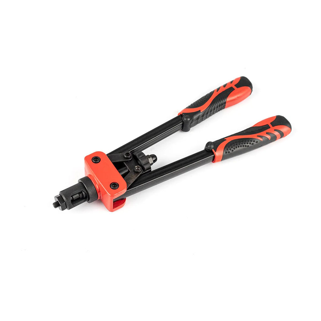 CQ14 14-inch manual rivet nut gun with six interchangeable tips for M3 to M10 threads on a workbench.