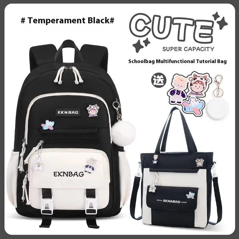 Pink waterproof Oxford cloth school backpack for girls with curved shoulder straps.